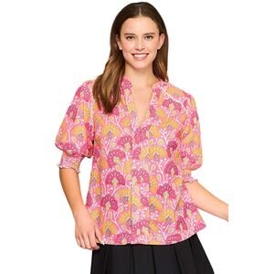 NWT Umgee Pink Floral V-Neck Blouse with Smocked Sleeves Large